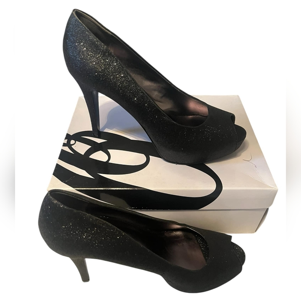 Nine West Open Toe High Heel Platform Shoes, Sparkly Black, Size 8.5US